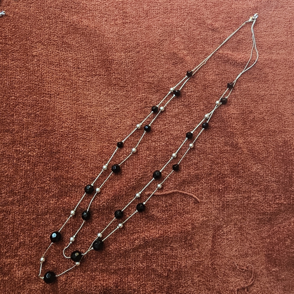 Black and Silver Long Beaded Necklace
